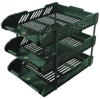 The image shows a black, sturdy shelf with three open compartments. Each compartment is narrow and has side handles. The structure is lightweight and made of plastic with ventilation holes.
