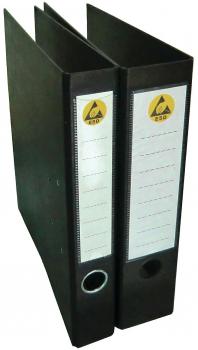 The image shows a black folder with a white labeling field on the front. On one side, it has a hole for easy handling. The folder is positioned upright.
