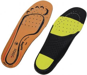 The image shows two shoe soles. One side is orange with a textured surface, the other is black with a yellow area and small holes for ventilation.