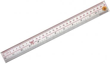 The image shows a transparent ruler with cm and inch markings. It is 30 cm long and features a cheerful yellow color with a smiley face at one end.