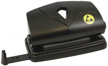 The image depicts a black office hole punch. It features a smooth, rounded shape with a slot-like hole at the top center and a yellow mark on the side.