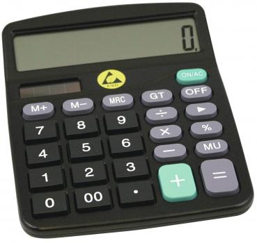The image shows a black calculator with a large display. The keyboard features numbers and functions in various colors. There is also a power on/off button.