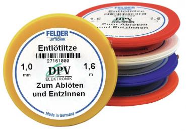 The image shows several spools of desoldering braid in various colors. The largest spool is yellow with a label that contains information on usage and size.