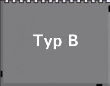 Das Bild zeigt einen grauen Hintergrund mit der Aufschrift "Typ B" in großer, weißer Schrift. Die obere Kante ist spiralförmig genietet.