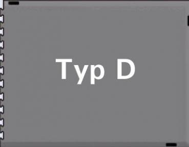 Das Bild zeigt eine graue Fläche mit der weißen Aufschrift "Typ D" in der Mitte. Es hat Ecken, die leicht abgerundet sind, und einen einfachen, klaren Hintergrund.