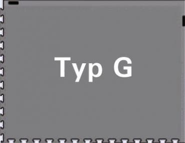 Das Bild zeigt eine graue Fläche mit der Aufschrift "Typ G" in großen, weißen Buchstaben. Der Rand ist mit einer gezackten Linie versehen. Es hat eine schlichte, neutrale Gestaltung.