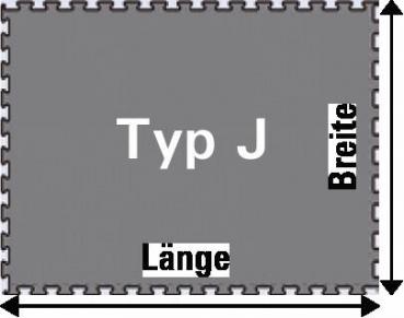 Das Bild zeigt ein rechteckiges graues Objekt mit abgerundeten Ecken. In der Mitte steht "Typ J". An den Seiten sind die Wörter "Länge" und "Breite" beschriftet.
