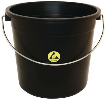 The image shows a black plastic bucket with a sturdy metal handle. It has a round shape and a smooth surface. On the side, there is a striking yellow symbol.