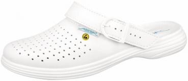 The shoe is a white clog with an open back. It features a wide, adjustable strap and many small holes for ventilation. The sole is lightweight and curved.