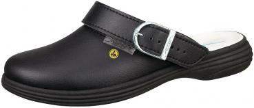 Der Schuh ist ein schwarzer Clog mit einer schlichten Form. Er hat einen verstellbaren Riemen aus Leder, der über den Spann verläuft. Die Sohle ist dick und leicht gewellt.