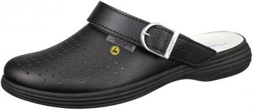 Der Schuh ist ein weißer Clog mit einem offenen Rücken. Er hat ein breites, verstellbares Riemchen und viele kleine Löcher zur Belüftung. Die Sohle ist leicht und geschwungen.