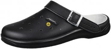 Es handelt sich um einen weißen Clog-Schuh mit einem breiten, verstellbaren Riemen über dem Spann. Die Sohle ist grau und der Schuh hat kleine Löcher auf der Oberseite zur Belüftung.