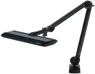 The image shows a black desk lamp with a flexible, flared arm. The lampshade is flat and elongated, mounted on a sturdy base.