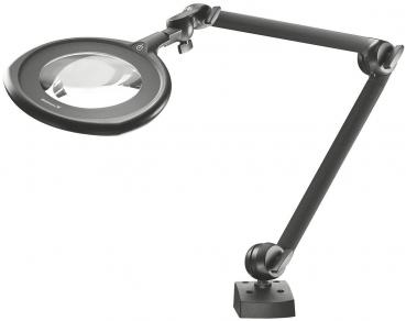 The image shows a black magnifying glass with a flexible arm. The magnifying glass is round and has a clear lens. The arm is mounted on a stable, rectangular base.