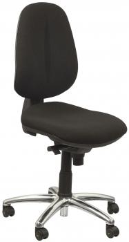 The office chair has a high, ergonomic backrest and a padded seat. It is black with a chrome base and has five casters for mobility.