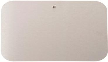 The image displays a rectangular, rounded metal plate with a matte finish. At the top center, there is a small hole, likely for hanging. The surface is smooth and monochromatic.