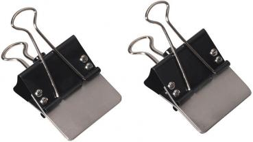The image shows two black paper clips with metal handles. Each clip has a wide, flat base that is used for fastening paper. The handles are curved upwards.