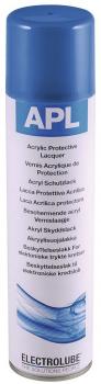 The image shows a spray can with a blue cap. On the can, "APL" is written in large letters. Below that, there are instructions for use and protection of electronic components.
