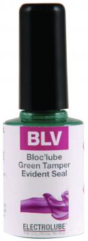 The picture shows a glass bottle with a green cap. The label reads "BLV" and "Bloc'lube Green Tamper Evident Seal". The bottle appears to contain a special sealing agent.