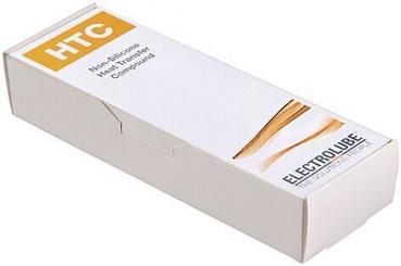 The image shows a simple, rectangular white packaging. On the top side in orange is "HTC" and below it, "Non-Silicone Heat Transfer Compound". Below that reads "ELECTROLUBE".
