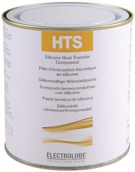 The image shows a round can with a screw lid. On the white surface are text details in various languages, including "HTS" and "Silicone Heat Transfer Compound". The bottom is slightly wavy.