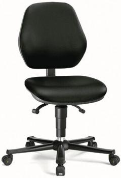 The chair is ergonomically shaped, has a black, padded seat and backrest. It stands on a five-spoke base with casters, ideal for offices.