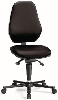 The chair is ergonomic, with a high, rounded backrest and a wide, flat seat. It is black, has casters, and a height-adjustable feature.