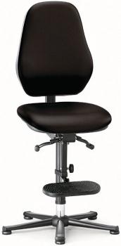 It is a swivel office chair with a black cover. The seat is padded, the backrest is high and ergonomically shaped. The chair has a stable base with five casters.