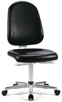 The chair is ergonomic with a black seat and backrest. It has an adjustable height and a base with five casters for easy movement.