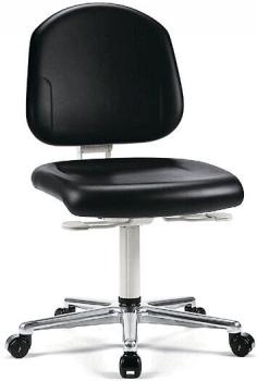 A black office chair with a round, padded seat and a high backrest. It has a chrome base with five casters for mobility. Height adjustable.
