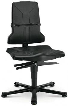 The chair is ergonomically designed, has black upholstery, and a high backrest. It stands on a rolling base with five sturdy wheels and height adjustability.