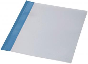 Das Bild zeigt eine durchsichtige Hülle oder Mappe mit einer blauen oberen Lasche. Die Hülle ist rechteckig und dient zur Aufbewahrung von Dokumenten.