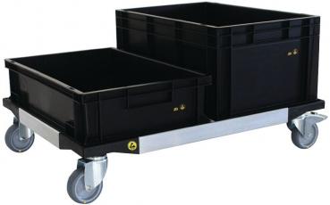 The image shows a cart with two black plastic crates. One crate is larger than the other. The cart has four wheels for easy movement.