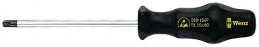 The image shows a screwdriver with a long, slender steel blade and a black, rubberized handle. The handle has yellow prints and fits comfortably in the hand.