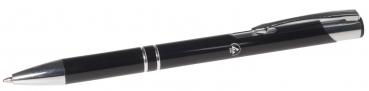 In the picture, there is an elegant, black ballpoint pen. It features silver accents, including a thin line and a clip-like closure at the top.