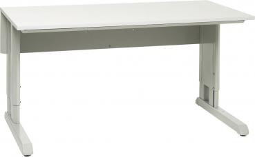 The image displays a simple, rectangular table with a white surface. The table legs are made of gray metal and provide stability. The table has a modern, minimalist shape.