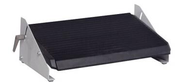 The image shows a physical footrest, consisting of a black, non-slip top and silver side supports. It is used to improve sitting posture.