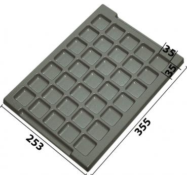 The image shows a rectangular, gray plastic mold with 28 small square indentations. It has an elongated side and measures 355 mm x 253 mm.