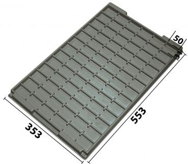 The image displays a rectangular gray plastic tray with many small elongated indentations for storage. Dimensions: 553 mm x 353 mm, height 50 mm. It is sturdy and functional.