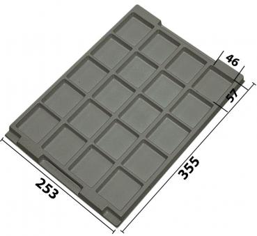The image displays a rectangular, gray shape with 16 uniform indentations. The shape has dimensions of 355 mm in length, 253 mm in width, and 46 mm in height. It is flat and stable.