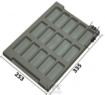 The image displays a rectangular plastic plate with 12 elongated indentations. It is gray, features a handle, and measures 335 mm in length and 253 mm in width.