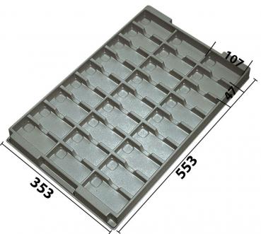 The image displays a gray plastic tray with many small compartments. It has a rectangular shape with forty recessed areas to neatly organize objects.