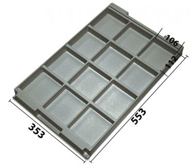 The image shows a rectangular, gray plastic tray with twelve compartments. The compartments are evenly arranged and are used for sorting or storing small items.