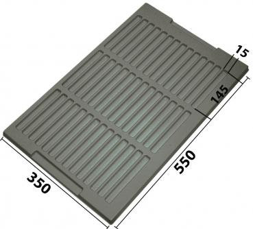 The image shows a gray, rectangular plate with many parallel grooves. The dimensions are 550 mm long and 350 mm wide. It has a thickness of 15 mm and a recess on one side.