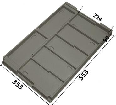 The image shows a gray, rectangular plastic tray with a total of seven compartments. The compartments vary in size and have rounded corners. Dimensions are provided.