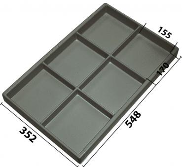 The image shows a gray, rectangular serving platter with six equally sized compartments. The compartments are symmetrically arranged. The dimensions are given in millimeters.