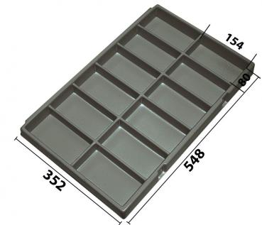 The image shows a rectangular, gray container with multiple compartments. It has fourteen equally sized compartments in two rows and several columns. The dimensions are provided.
