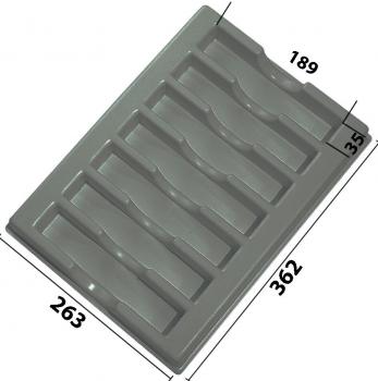 The image shows a rectangular, gray plate with several elongated indentations. The dimensions are 362 mm in length, 263 mm in width, and 35 mm in height. The indentations are evenly arranged.