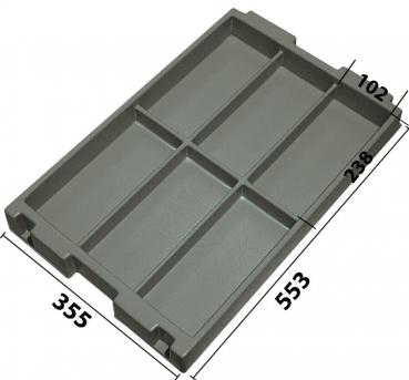 The image shows a gray, rectangular tray with four compartments. The compartments are evenly distributed, and the tray has a smooth surface. The dimensions are given in millimeters.