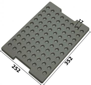 The image shows a gray plastic plate with many small round holes. It has a rectangular shape and measures 352 mm in length and 252 mm in width. There is a slot at one corner.